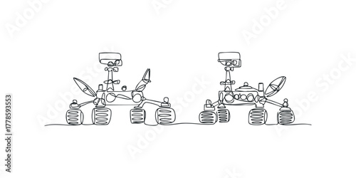 Continuous line drawing of two space rovers on alien terrain