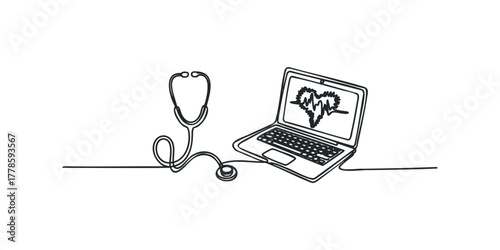 Stethoscope and laptop displaying heart rate graph