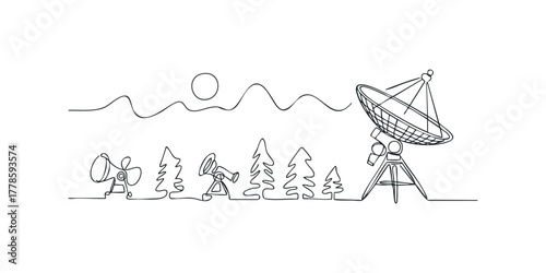 Observatory landscape with telescopes and satellite dish