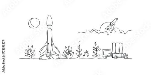 Rocket launch vehicle with moon and plant motifs