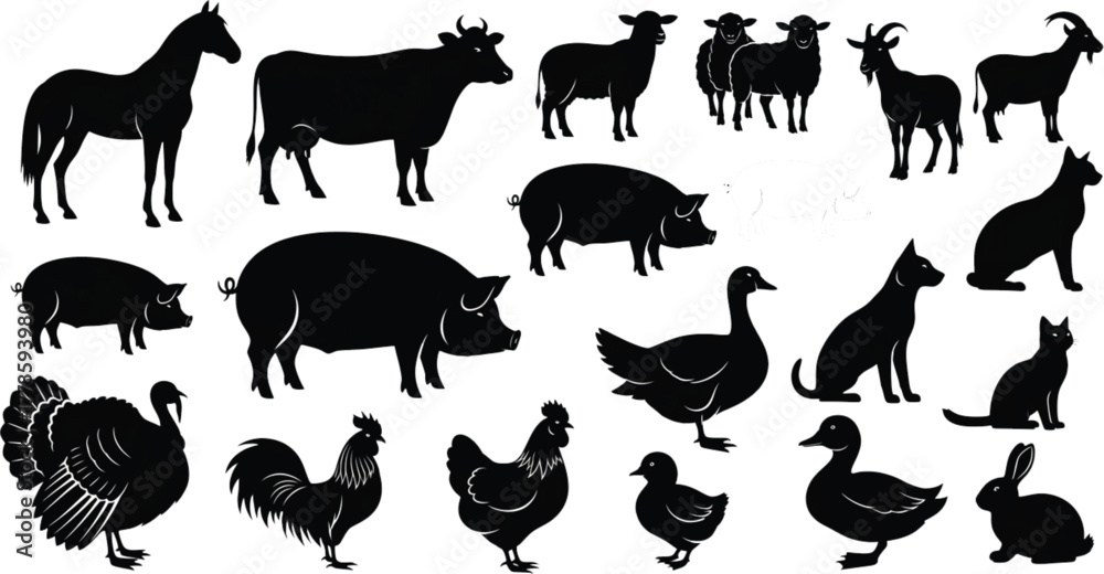 Naklejka premium Farm Animal Silhouettes , a collection of various farm animals silhouetted, ideal for designs related to agriculture and rural life, including animals such as horses, cows, sheep, goats, pigs.