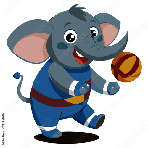 Happy cartoon elephant playing with a ball in a blue uniform silhouette
