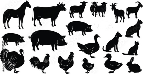 Farm Animal Silhouettes , a collection of various farm animals silhouetted, ideal for designs related to agriculture and rural life, including animals such as horses, cows, sheep, goats, pigs.