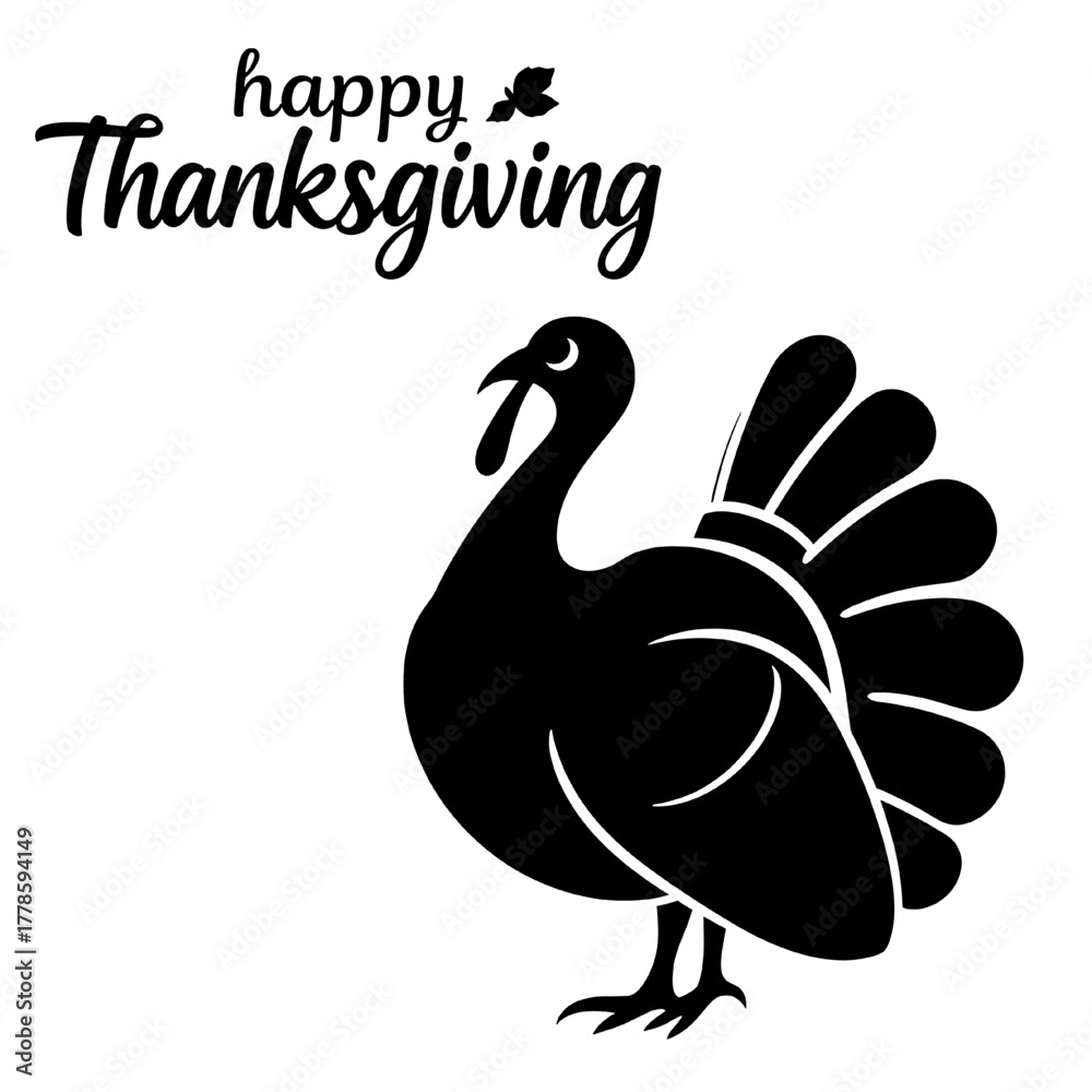Fototapeta premium Silhouette happy thanksgiving with stylized turkey silhouette illustration in black and white. Vector stock illustration.