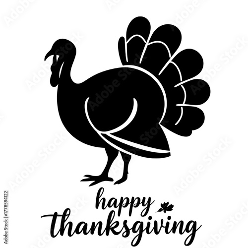 A minimalist black and white illustration features a stylized turkey silhouette and the text "Happy Thanksgiving" in a decorative script font, creating a simple yet festive design.