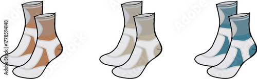 Stylized illustration of three pairs of ankle socks featuring distinct color accents; warm brown, subtle beige, and cool blue, ideal for versatile casual or athletic wear