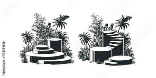 Stage pedestals and stairs amidst palm trees and foliage
