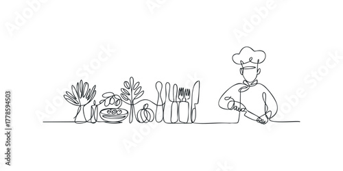 Chef prepares food with cutlery and produce