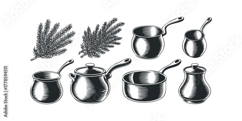 Collection of Black and White Kitchenware and Herb Sprigs