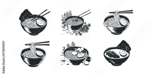 Six bowls of noodles with chopsticks and garnishes