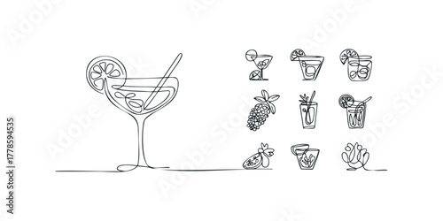 Continuous line drawing collection of mixed drinks and fruit
