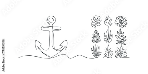 Continuous line drawing of an anchor and floral elements