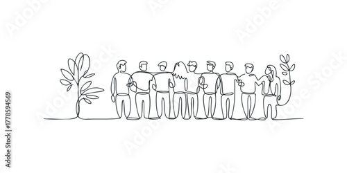 Group of diverse people standing together in single line drawing