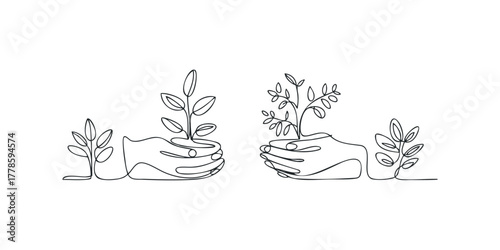 Hands holding small plants growth concept