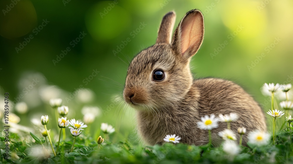 Fototapeta premium Adorable fluffy baby bunny rabbit nestled on spring flowers in natural outdoor light with green grass background creamy bokeh shallow depth of field photorealistic close up wildlife portrait