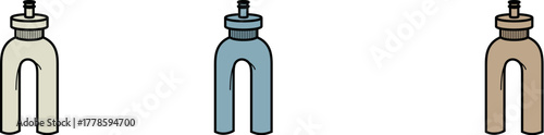 Three modern, stylized water bottle icons, each with a unique color and design, showcasing refreshing hydration and portability