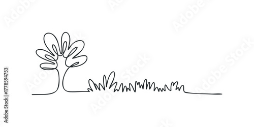 Single line drawing of a stylized tree with grass