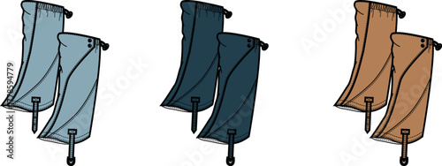 A set of three different colored banners or flags, illustrated in a simple, flat design style for versatile use