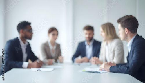 Blurred Business Meeting: Corporate team sitting around a table in soft focus. Concept for collaboration, strategy, teamwork, and abstract office blur