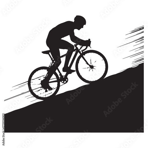 Woman cyclist silhouette riding a mountain bike against the sky in a sportive adventure activity illustration