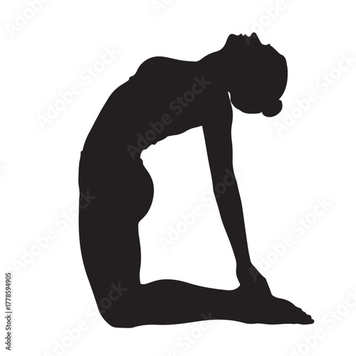 Black vector silhouette of a young woman in a yoga pose showing fitness and sport with an emphasis on body health and action