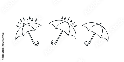 Three simple outline umbrellas with falling raindrops
