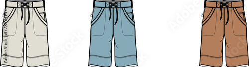 Vector set of technical flat sketches for casual cargo pants. Fashion illustration template showing three color options for apparel design and clothing manufacturing