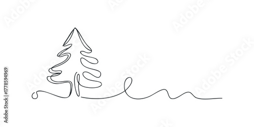 Single continuous line drawing of a stylized evergreen tree
