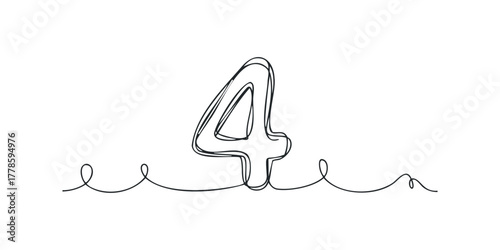 Continuous Line Drawing of the Number Four with Swirls