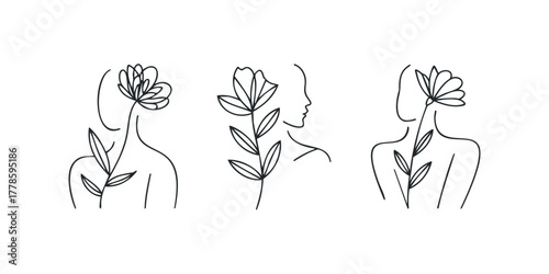 Line art trio of female forms with blossoming flowers