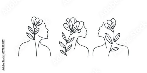 Minimalist profiles of women with flowers growing from them