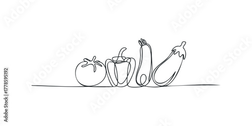 Line drawing of tomato, bell pepper, zucchini, and eggplant