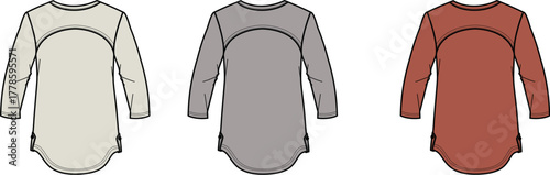 Technical flat sketch of a women's casual long sleeve shirt with curved hem and yoke detailing, apparel design vector template collection
