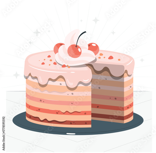 Layered Cake with Pink Frosting and Cherries vector illustration