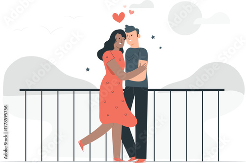 Loving couple embracing on a balcony with hearts and birds love romance