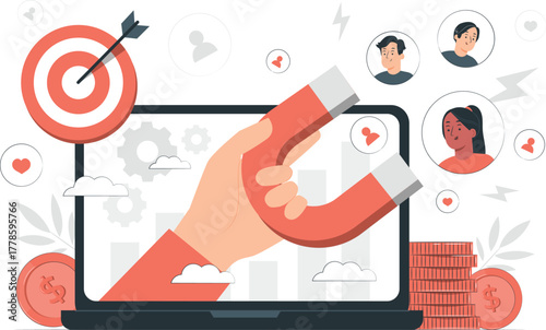 Lead generation concept with magnet and laptop Keywords: lead generation, marketing, sales