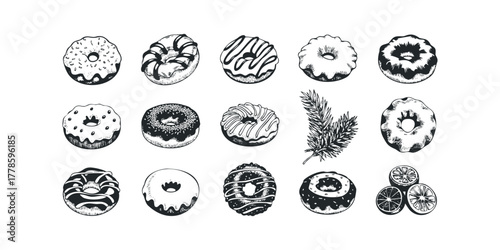 Collection of Hand Drawn Doughnuts and Citrus Slices