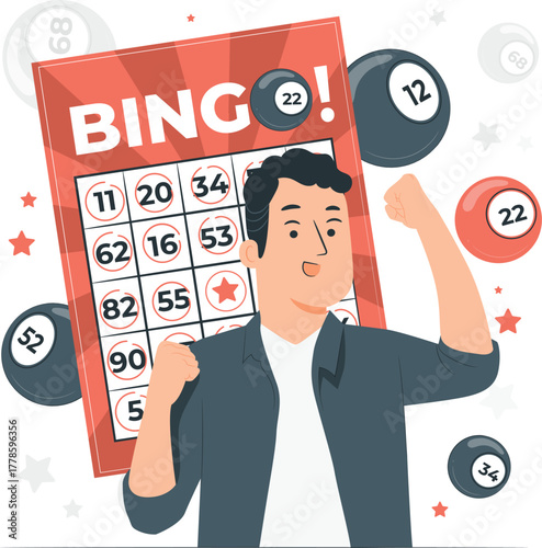 Man celebrating winning a game of bingo with balls and card gambling lottery