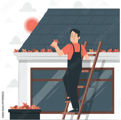 Man cleaning gutters on a house roof with fallen leaves maintenance