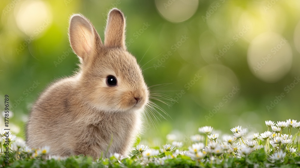 Fototapeta premium Adorable fluffy baby bunny rabbit nestled on spring flowers in natural outdoor light with green grass background creamy bokeh shallow depth of field photorealistic close up wildlife portrait