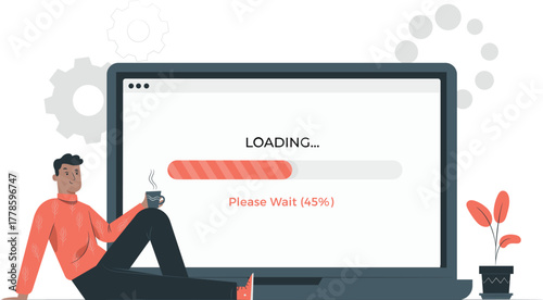 Man drinking coffee while laptop shows loading bar please wait coffee cup