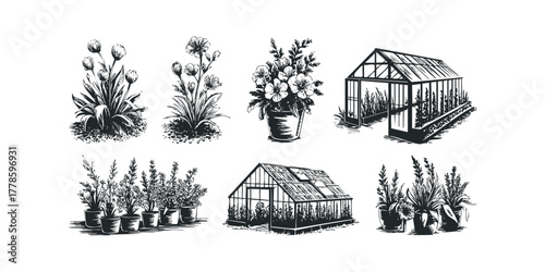 Hand drawn garden elements and greenhouses collection