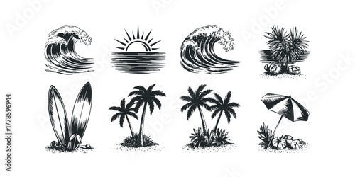 Tropical beach vacation icons with surfboards and ocean waves