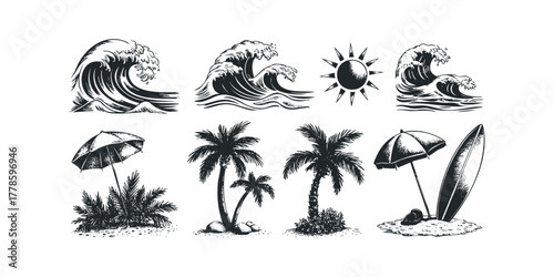 Ocean wave, sun, palm tree, and surfboard set