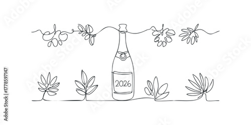 Minimalist single line drawing of champagne bottle with foliage and year 2026