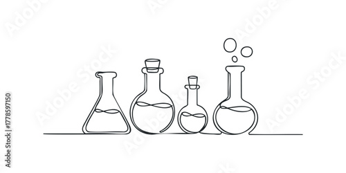 Continuous line drawing of four laboratory flasks