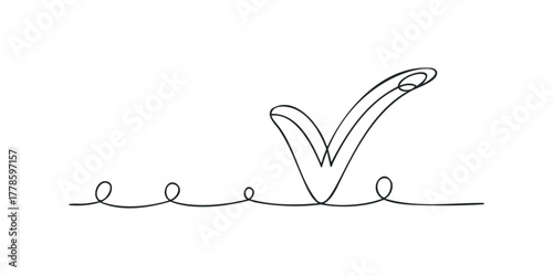 Single Line Drawing of a Check Mark with Swirls