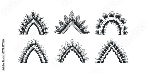 Six Ornate Tribal Arch Embellishments with Leaf Motifs