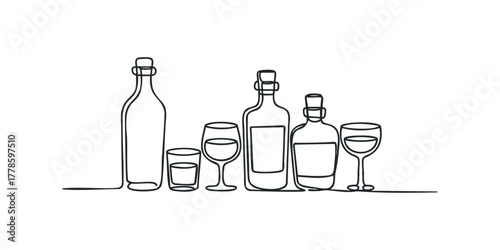 Line art drawing of several bottles and drinking glasses