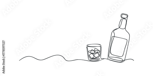 Single line drawing of a whiskey bottle and glass with ice